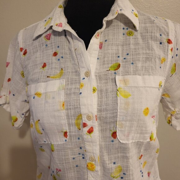Cotton Short Sleeve Blouse Fun Fruit Print Quirky Size XS pockets Coastal Granny - Picture 1 of 6